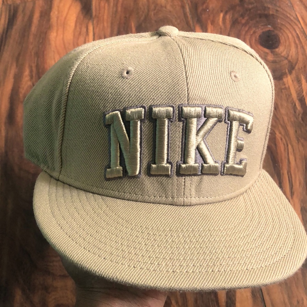 SnapBack Nike Hat: Tan color, Gray outline on the lettering